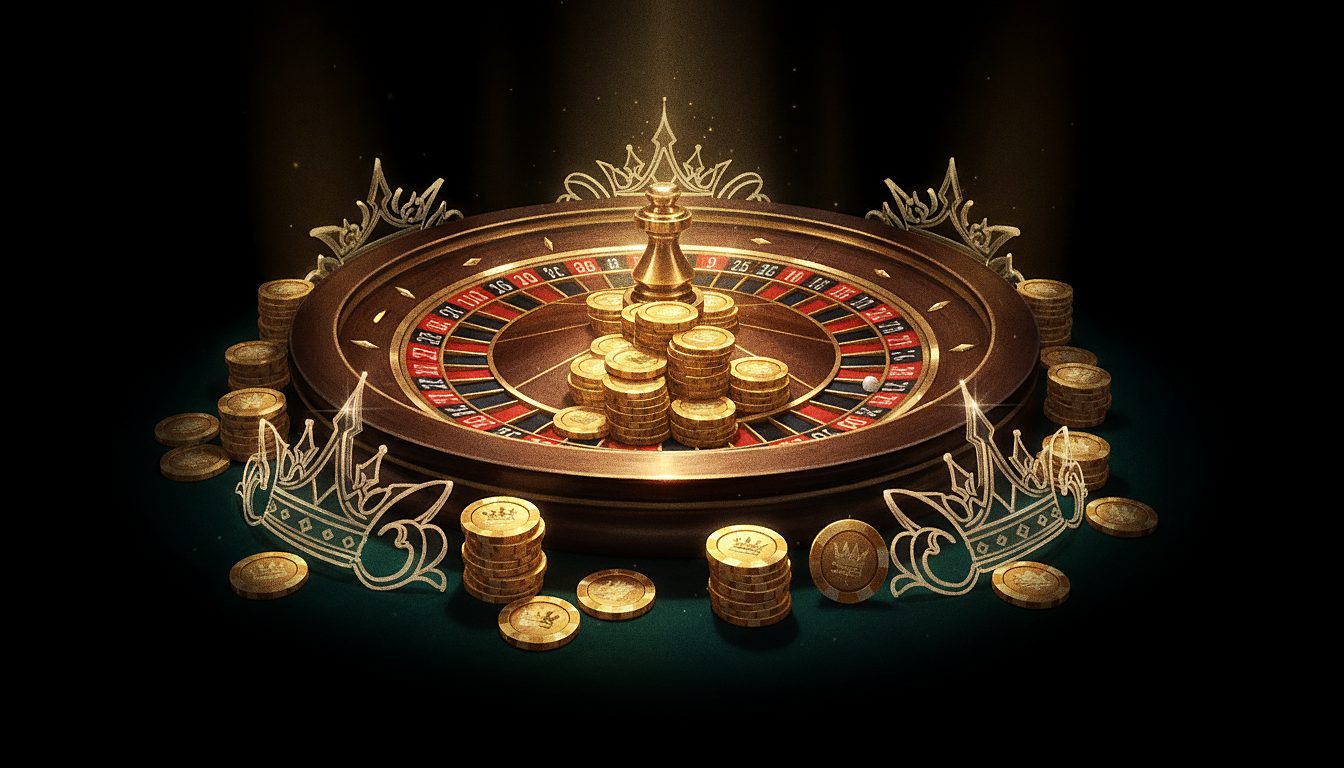 roulette wheel with gold chips, dramatic casino lighting