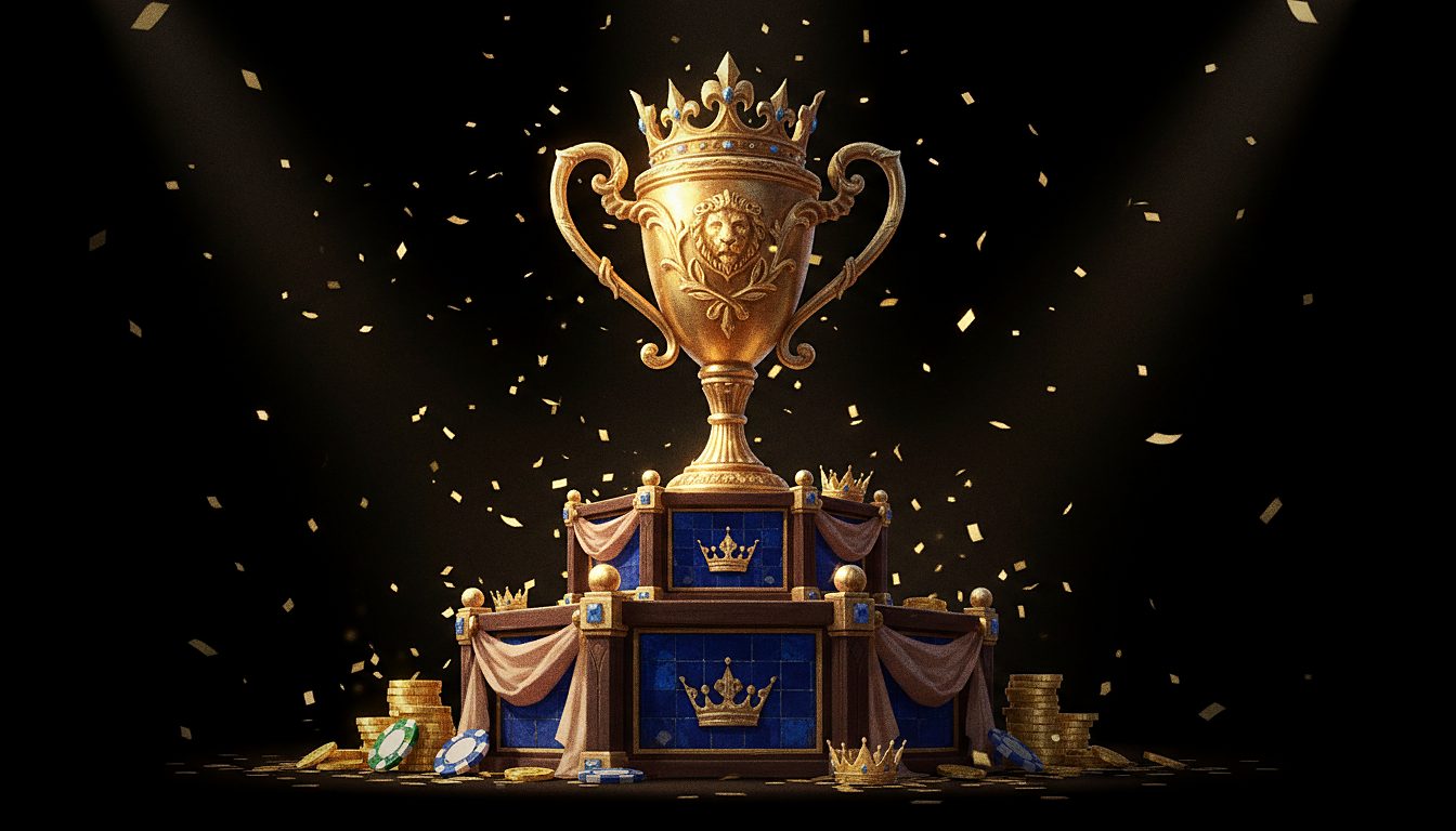 golden trophy on a podium with confetti, tournament theme